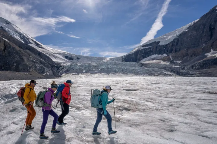 a group of people hiking on Athabasca Glacier at the Columbia Icefield